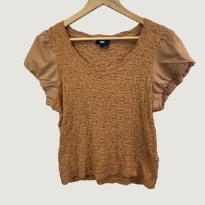 DKNY Smocked Puff Sleeve Top Womens L Rust Orange Textured Scoop Neck Boho Chic